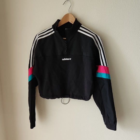 Adidas Track Jacket Retro Black Cropped 1/4 Zip Pink and Teal Accents Sz L Y2k - Picture 1 of 13